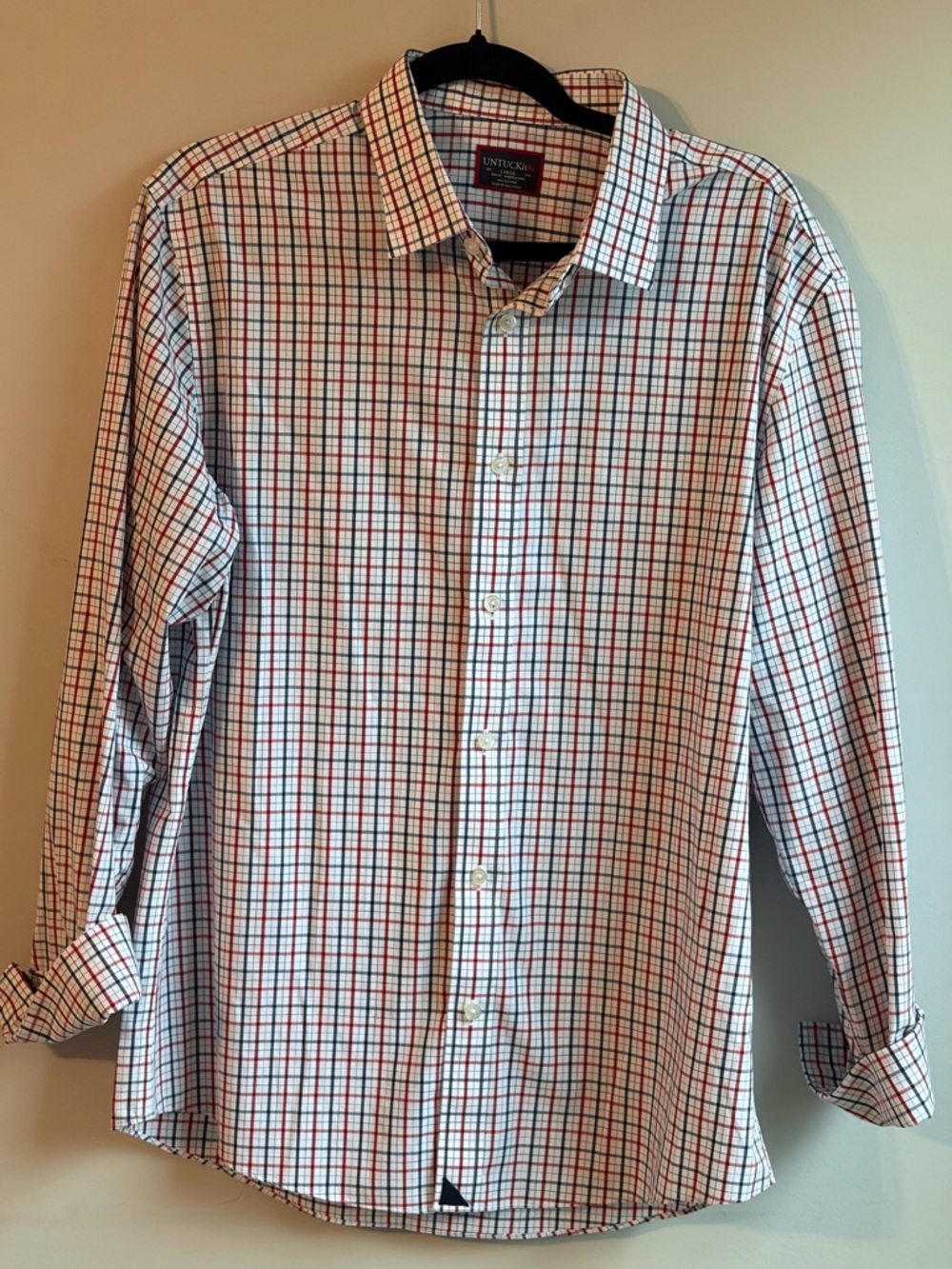 Untuckit Men's White Plaid Button-Up Shirt with Red & Blue Check
